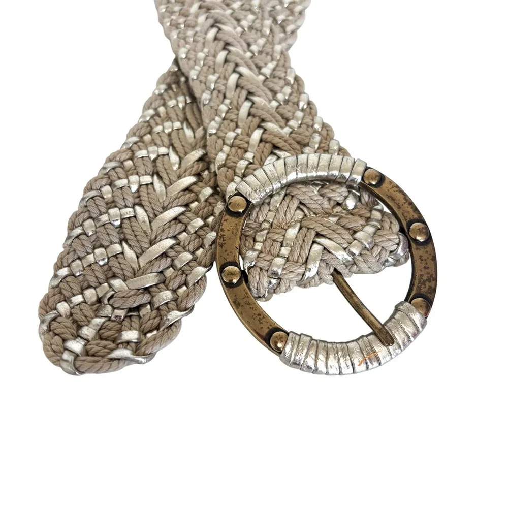 Boho Womens Woven Braided Metallic Belt Size M Tan Gold Festival Soft Girl Indie